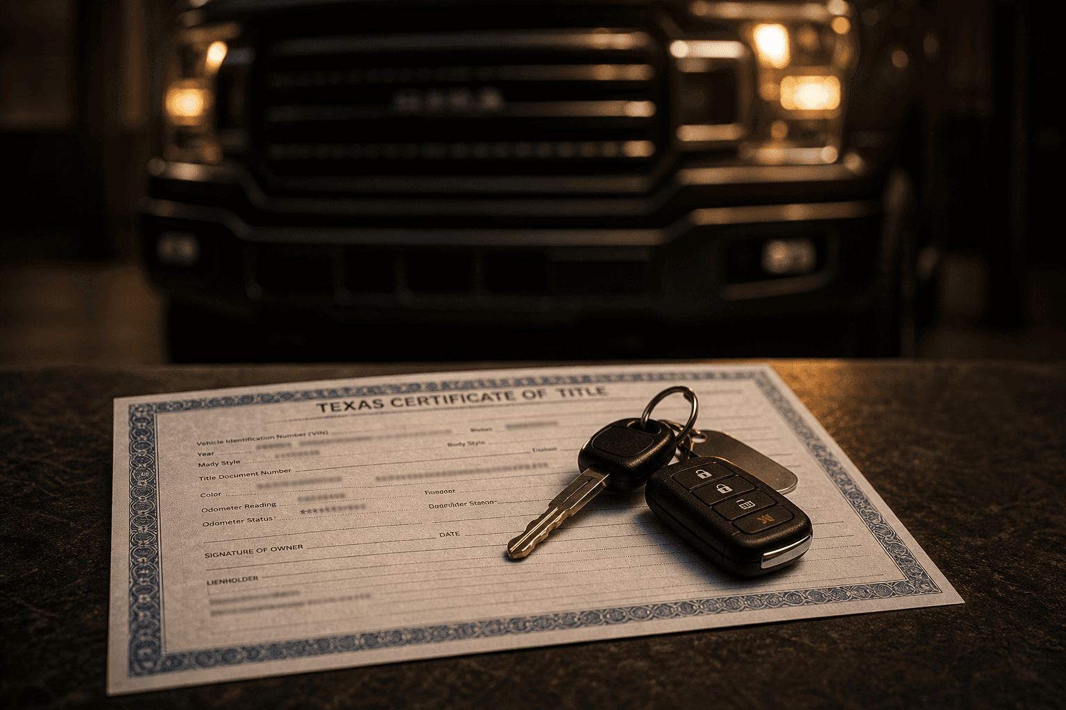 Texas vehicle title document and car keys with a pickup truck softly visible in the background